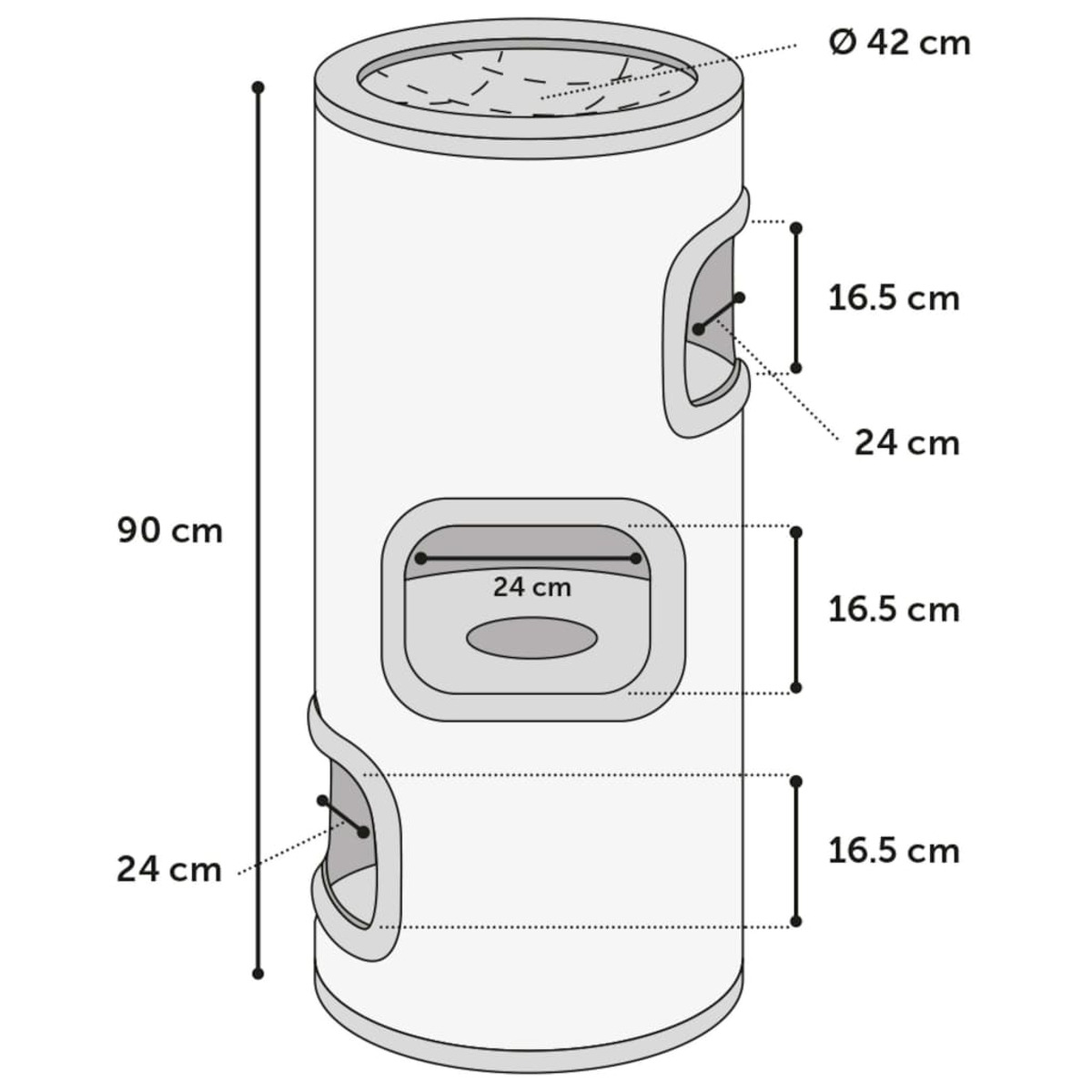 Ein weißer zylindrischer Pflanzkübel mit drei Öffnungen, Abmessungen beschriftet: 90 cm hoch, 42 cm Durchmesser.