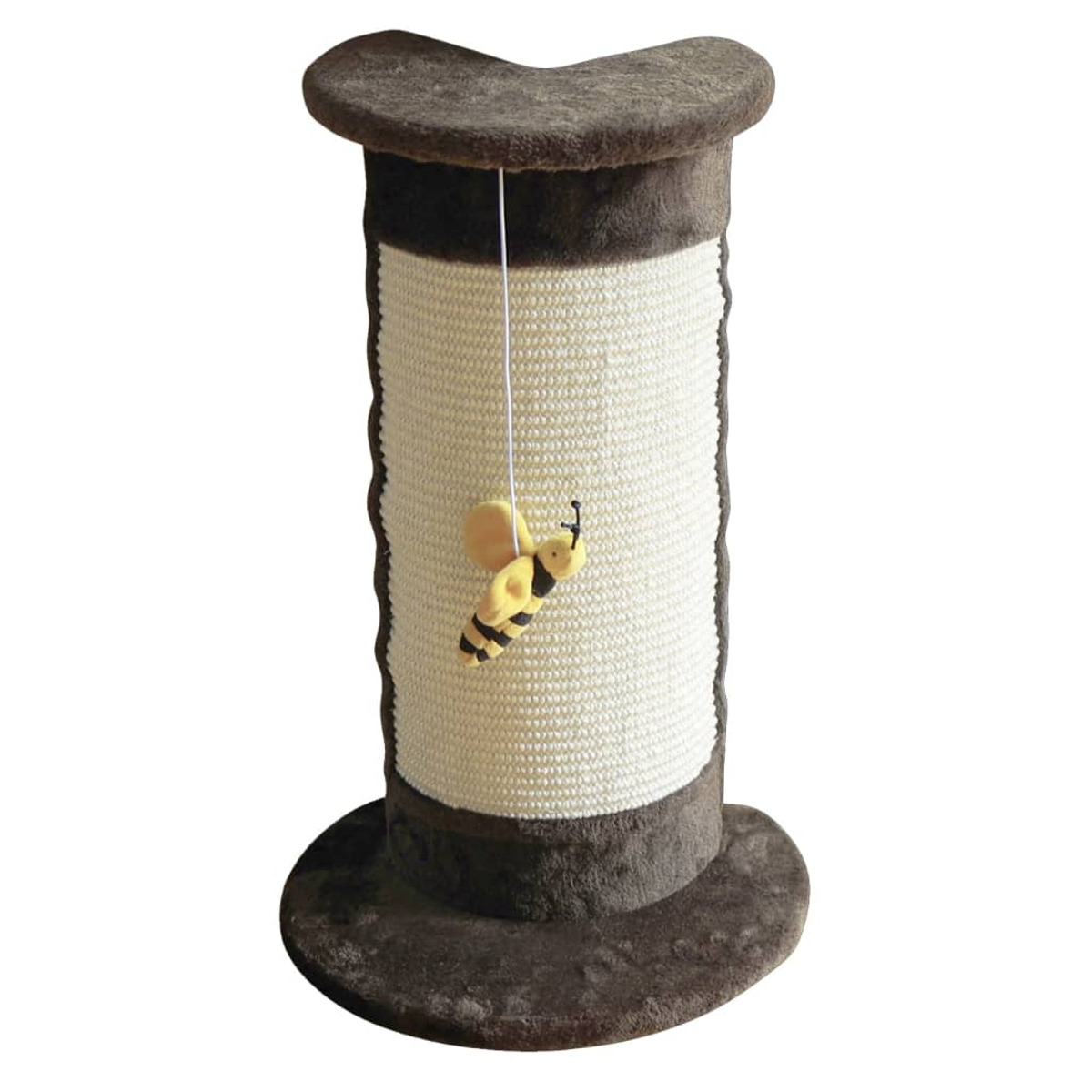 Rascador para gatos con una abeja de juguete colgando de arriba. El poste está sobre blanco.