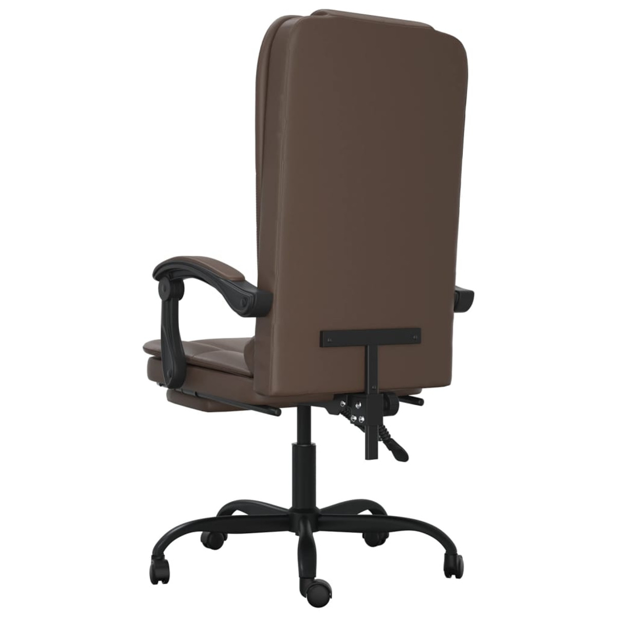 Brauner Bürostuhl, Rückansicht. Er hat eine hohe Rückenlehne, Armlehnen und ein schwarzes Gestell mit Rädern.