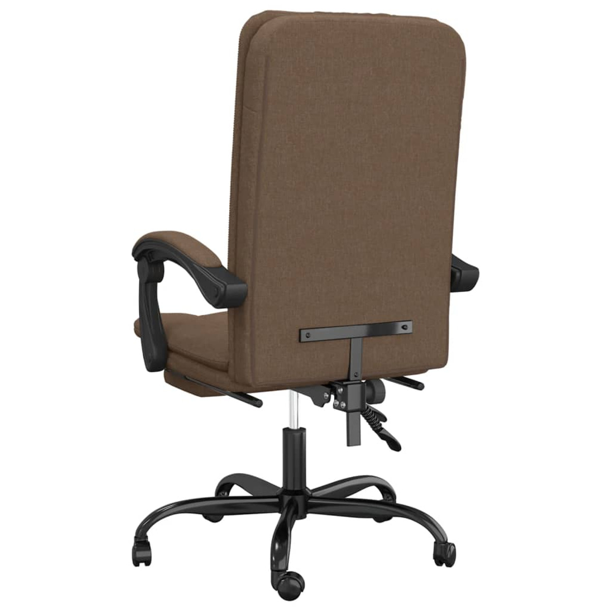 Rückansicht eines braunen Bürostuhls mit schwarzen Armlehnen und schwarzem Gestell, auf Weiß.