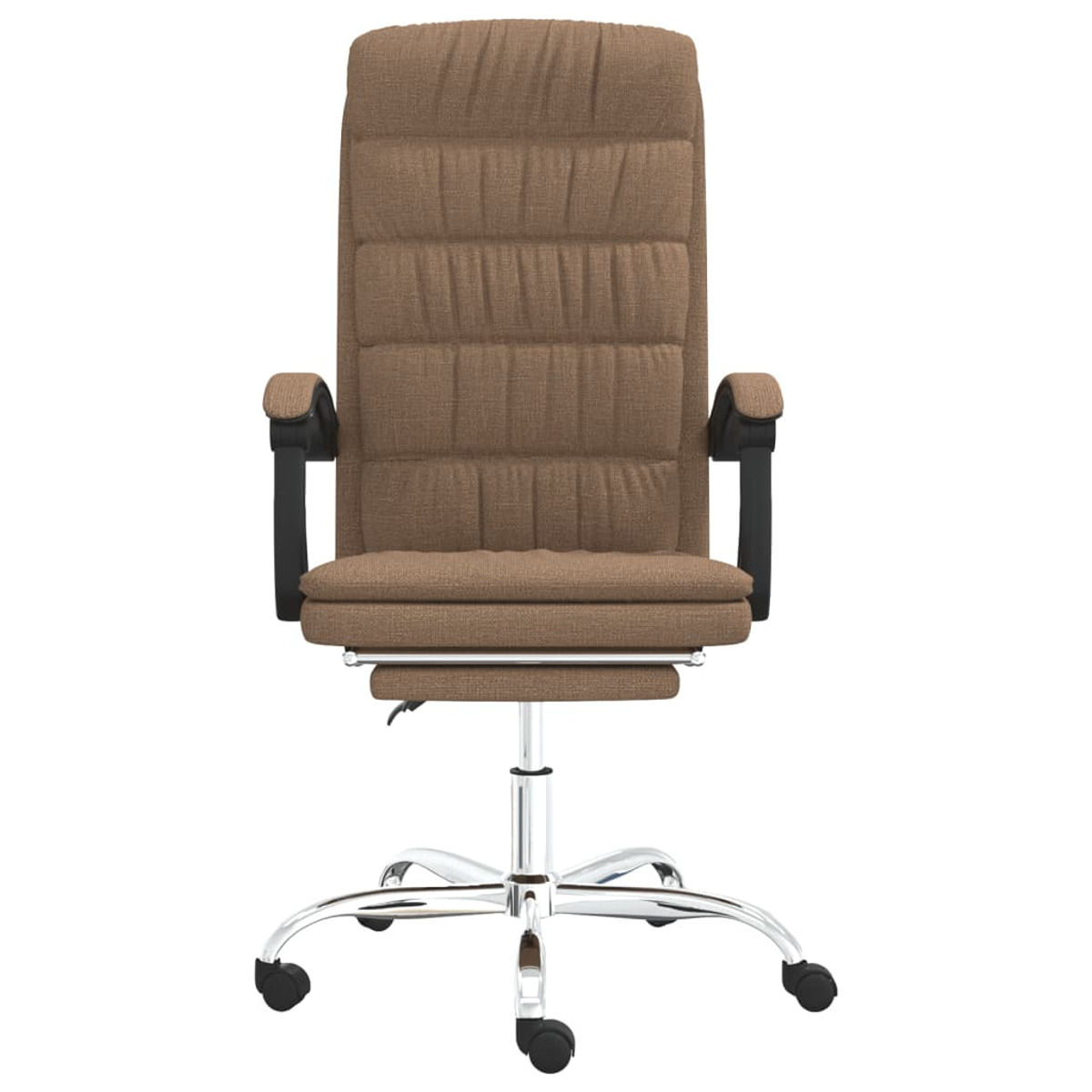 Brauner Bürostuhl mit gepolsterter Rückenlehne und Sitzfläche, Chromfuß und schwarzen Armlehnen.