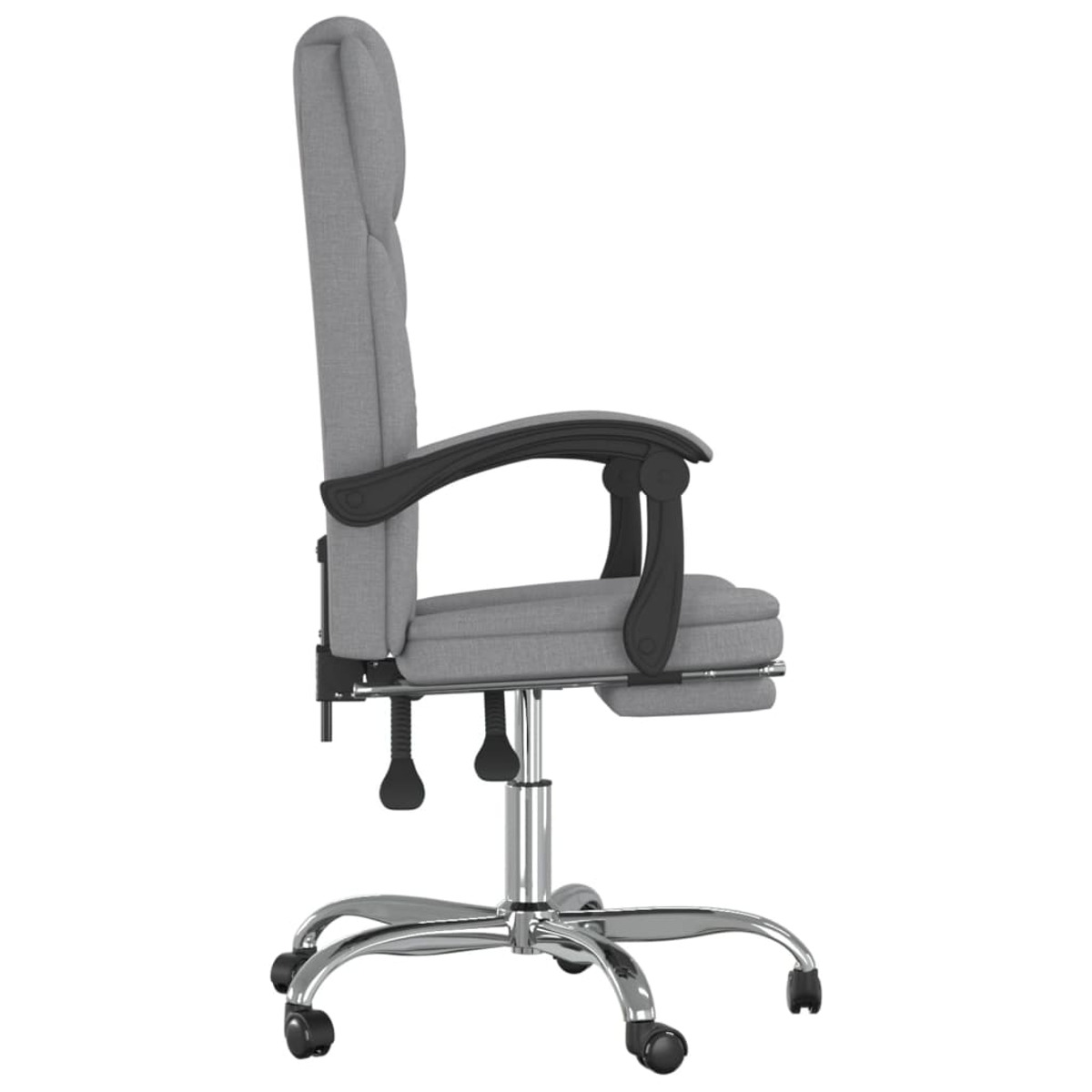 Seitenansicht eines grauen Bürostuhls mit schwarzen Armlehnen.