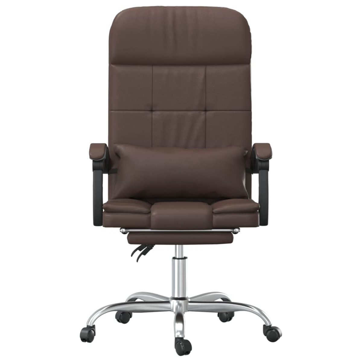 Brauner Leder-Bürostuhl mit Kissen. Chrombasis mit Rollen.