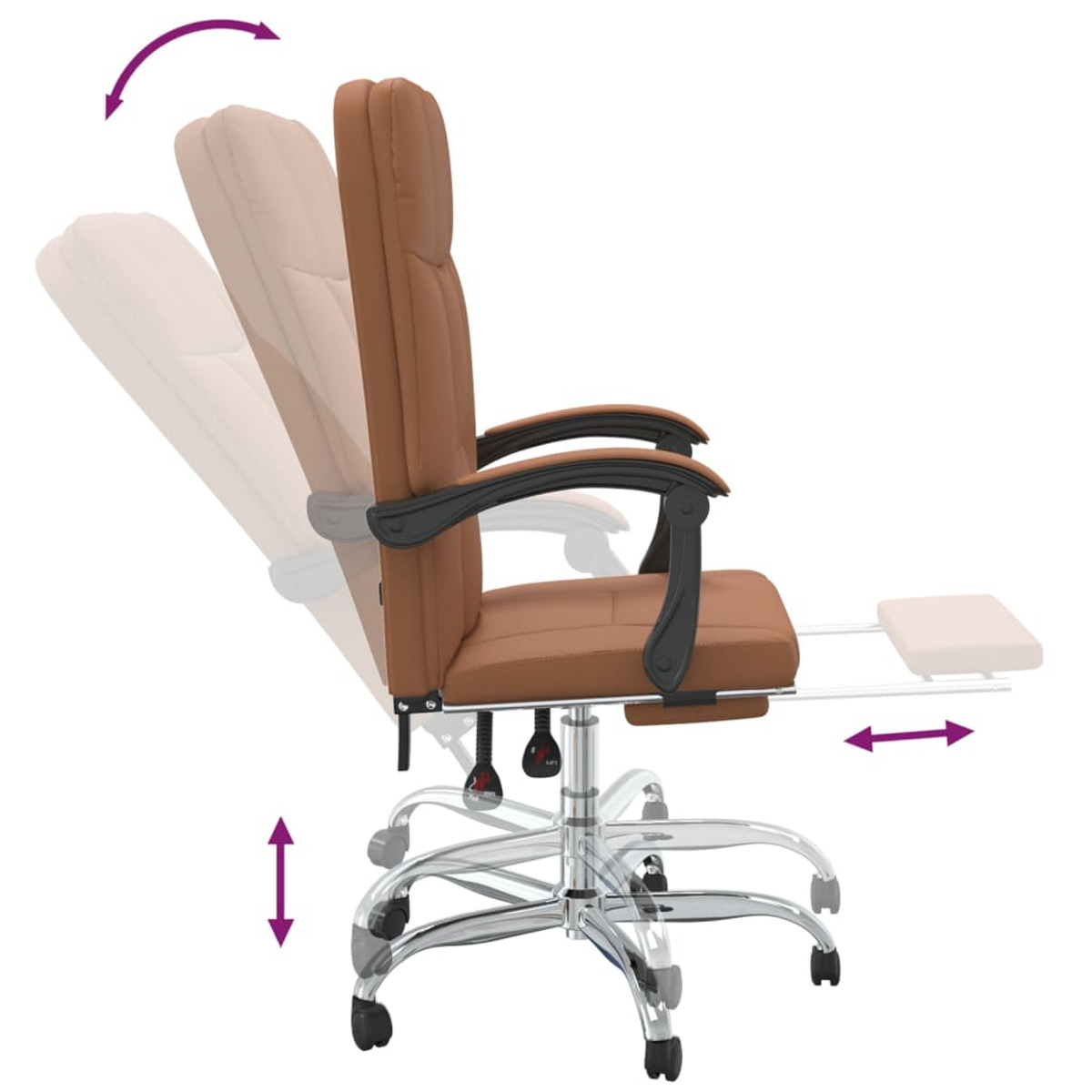 Brauner Bürostuhl mit verstellbarer Höhe, Neigung und Fußstütze.