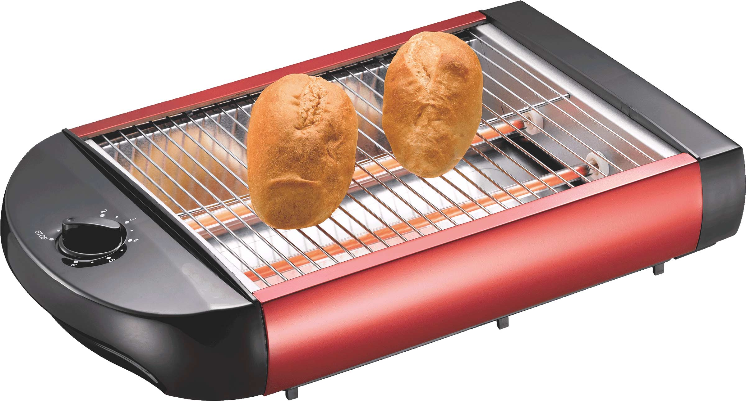 Roter und schwarzer Toaster mit zwei Brötchen darin.