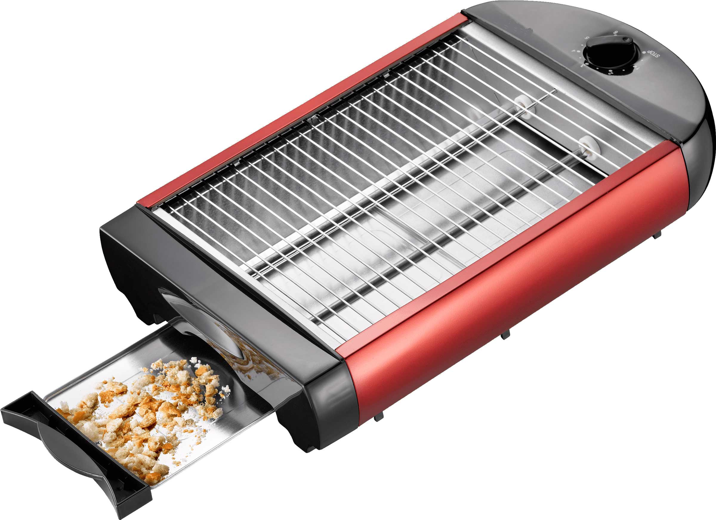 Ein roter und schwarzer Toaster mit herausgezogener Krümelschublade.