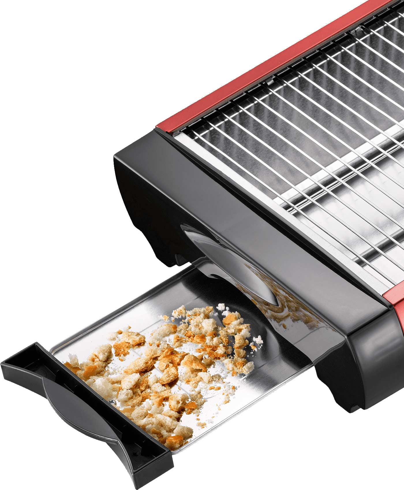 Toaster mit herausgezogener Krümelschublade. Krümel im Fach, rot-schwarzes Design.