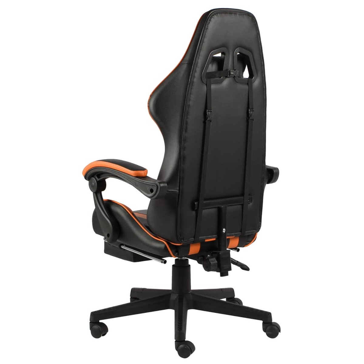 Gaming-Stuhl, schwarz und orange, mit hohem Rücken und verstellbaren Funktionen. Rückansicht mit weißem Hintergrund.