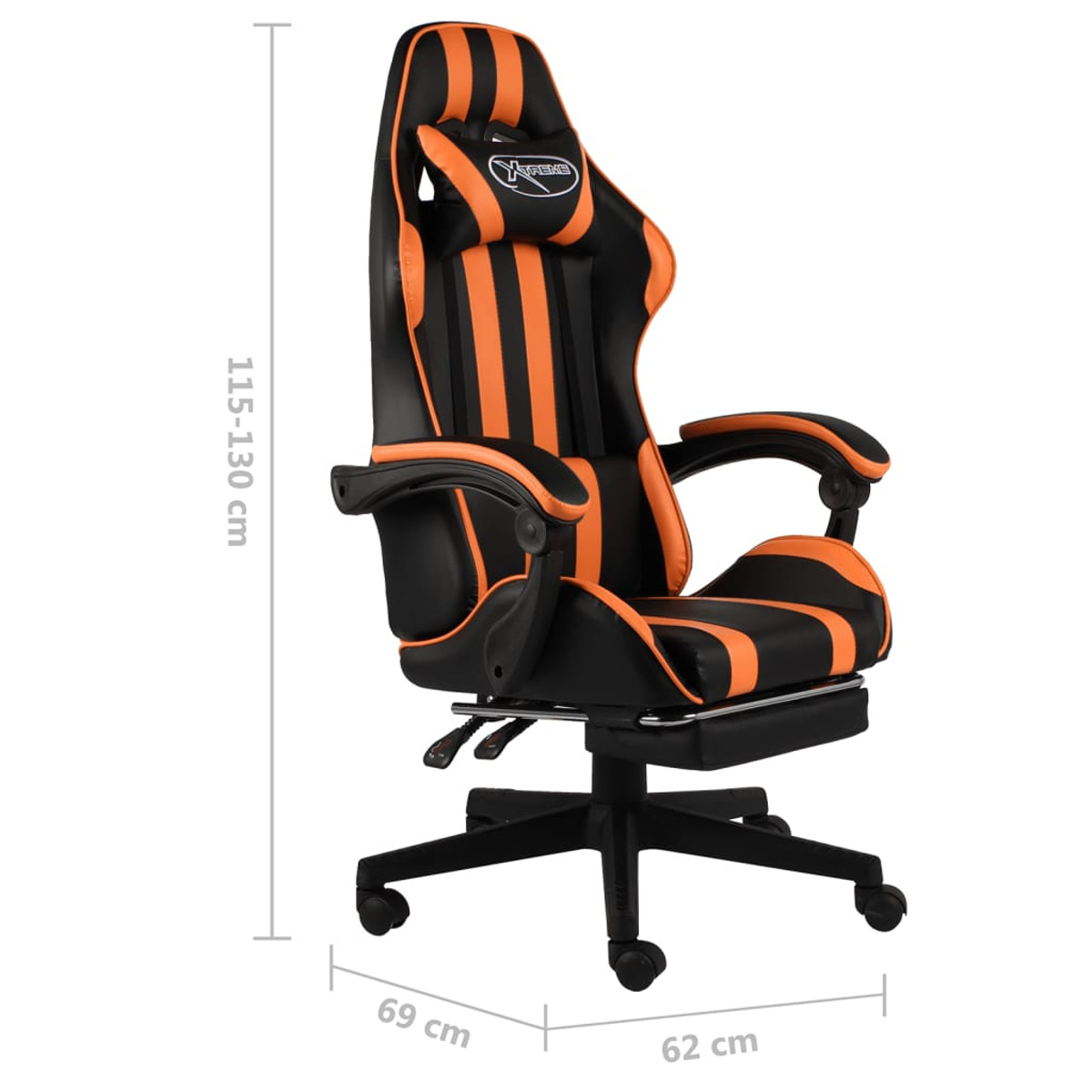 Ein schwarz-oranger Gaming-Stuhl, Maße 69x62x115-130cm, vor weißem Hintergrund.