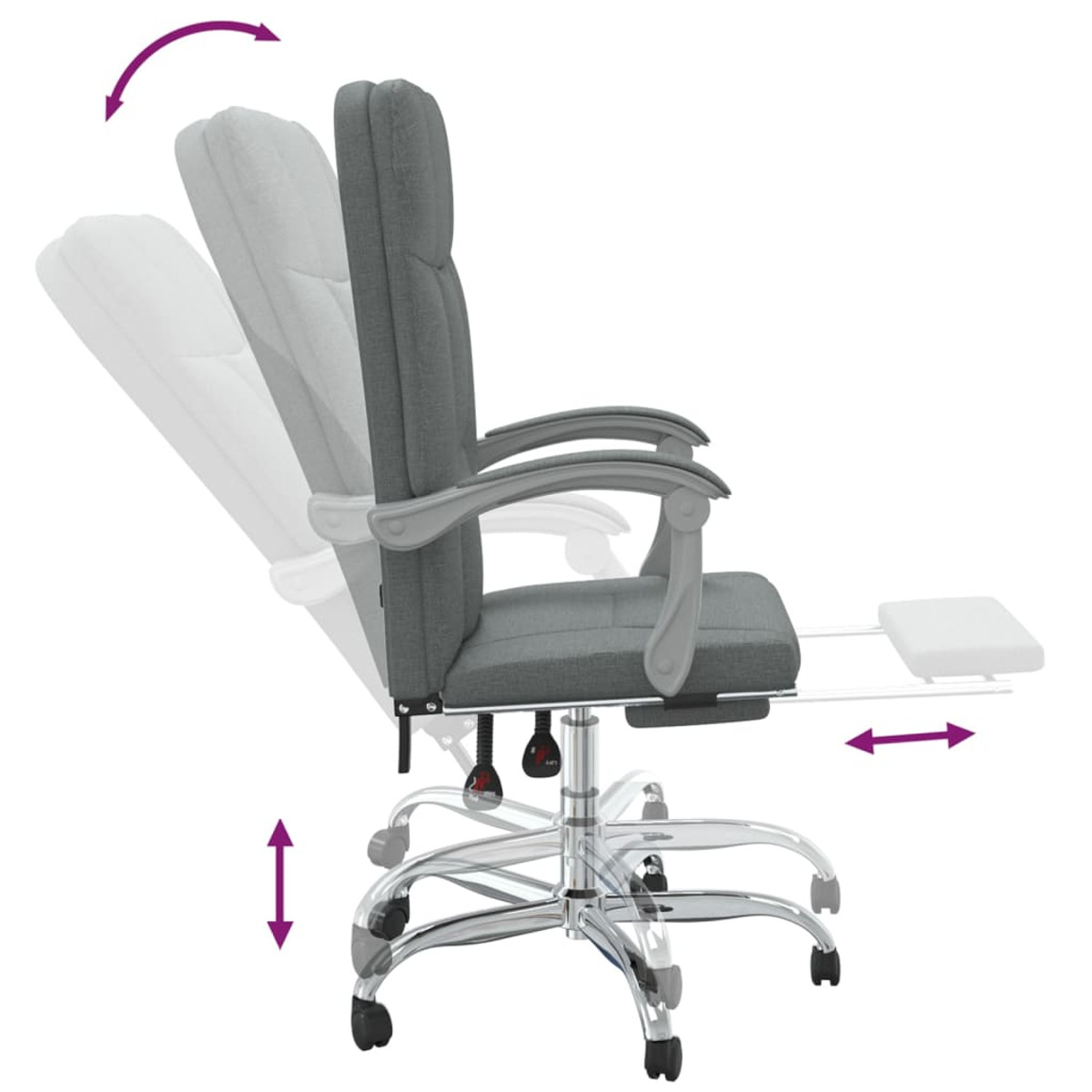 Bürostuhl, grauer Stoff, verstellbar, mit Fußstütze und Armlehnen, Seitenansicht.