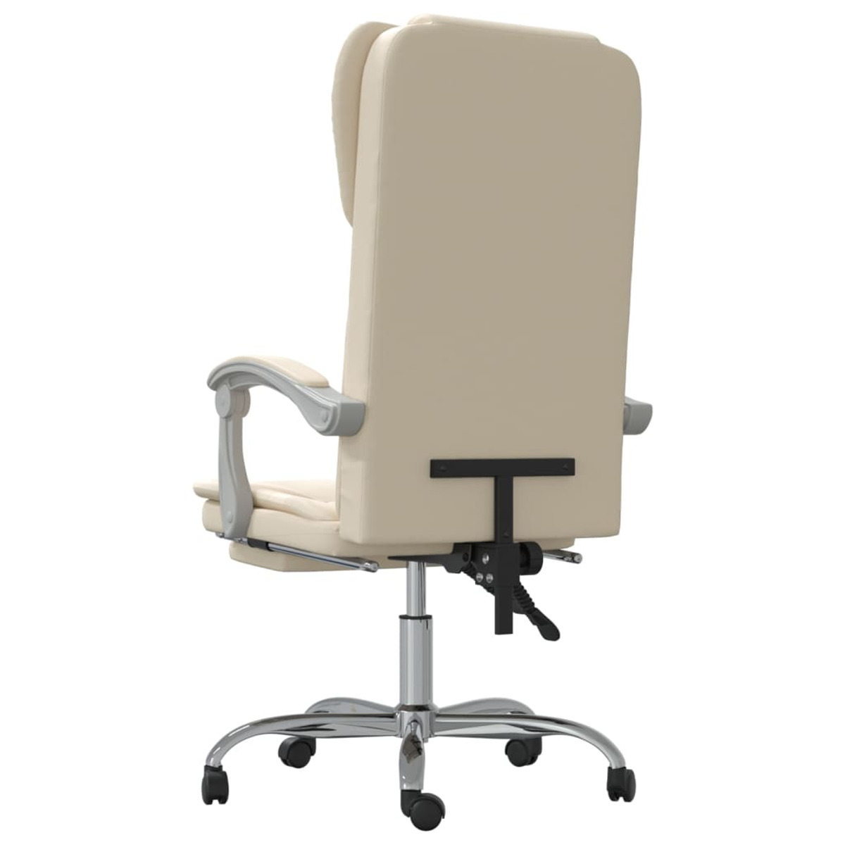 Beiger Bürostuhl mit hoher Rückenlehne, silbernen Armlehnen und Chromfuß.