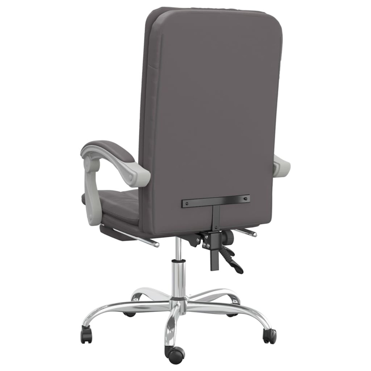 Rückansicht eines grauen Bürostuhls mit schwarzen Rollen.