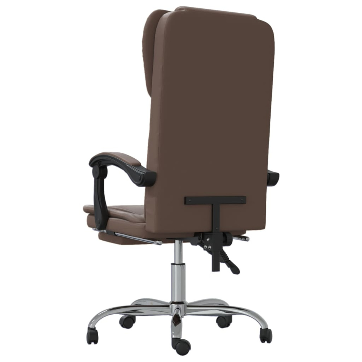 Brauner Bürostuhl von hinten. Chromgestell. Weißer Hintergrund.