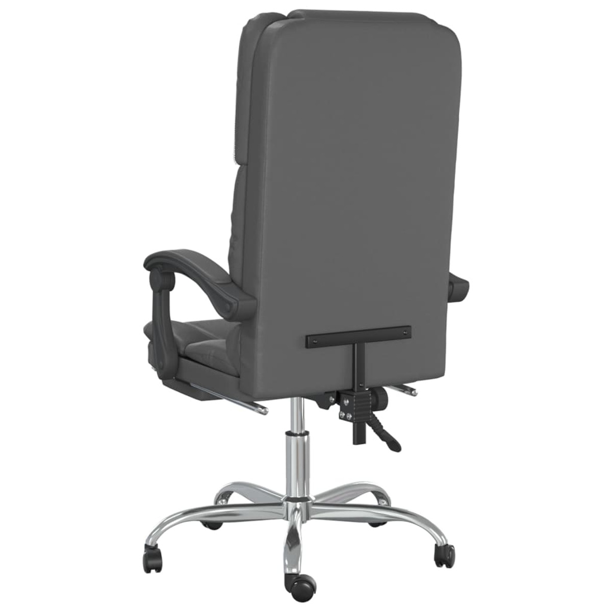 Die Rückseite eines grauen Bürostuhls mit schwarzem Gestell und Armlehnen.