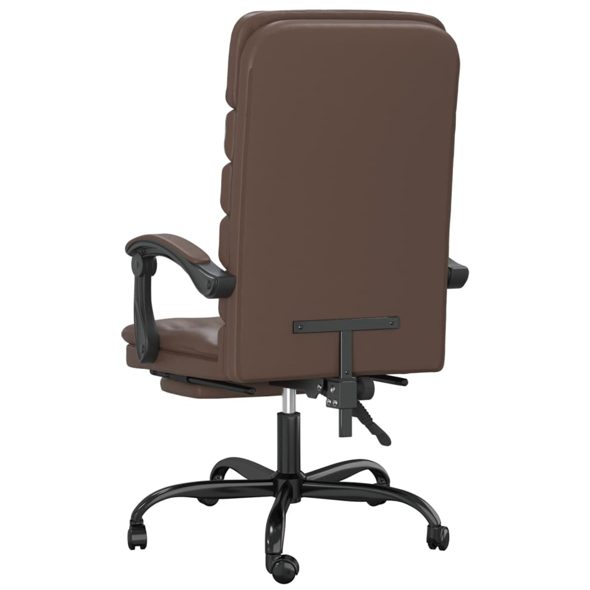 Ein brauner Leder-Bürostuhl von hinten. Er hat eine hohe Rückenlehne und ein schwarzes Gestell.
