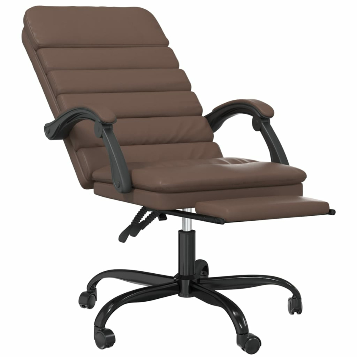 Brauner Leder-Relaxstuhl mit schwarzen Armlehnen und Gestell, Fußstütze ausgeklappt.