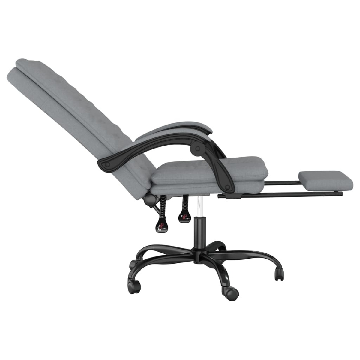 Grauer Stoff-Relax-Bürostuhl mit Fußstütze, schwarzes Gestell und Basis mit Rädern. Verstellmechanismus sichtbar.