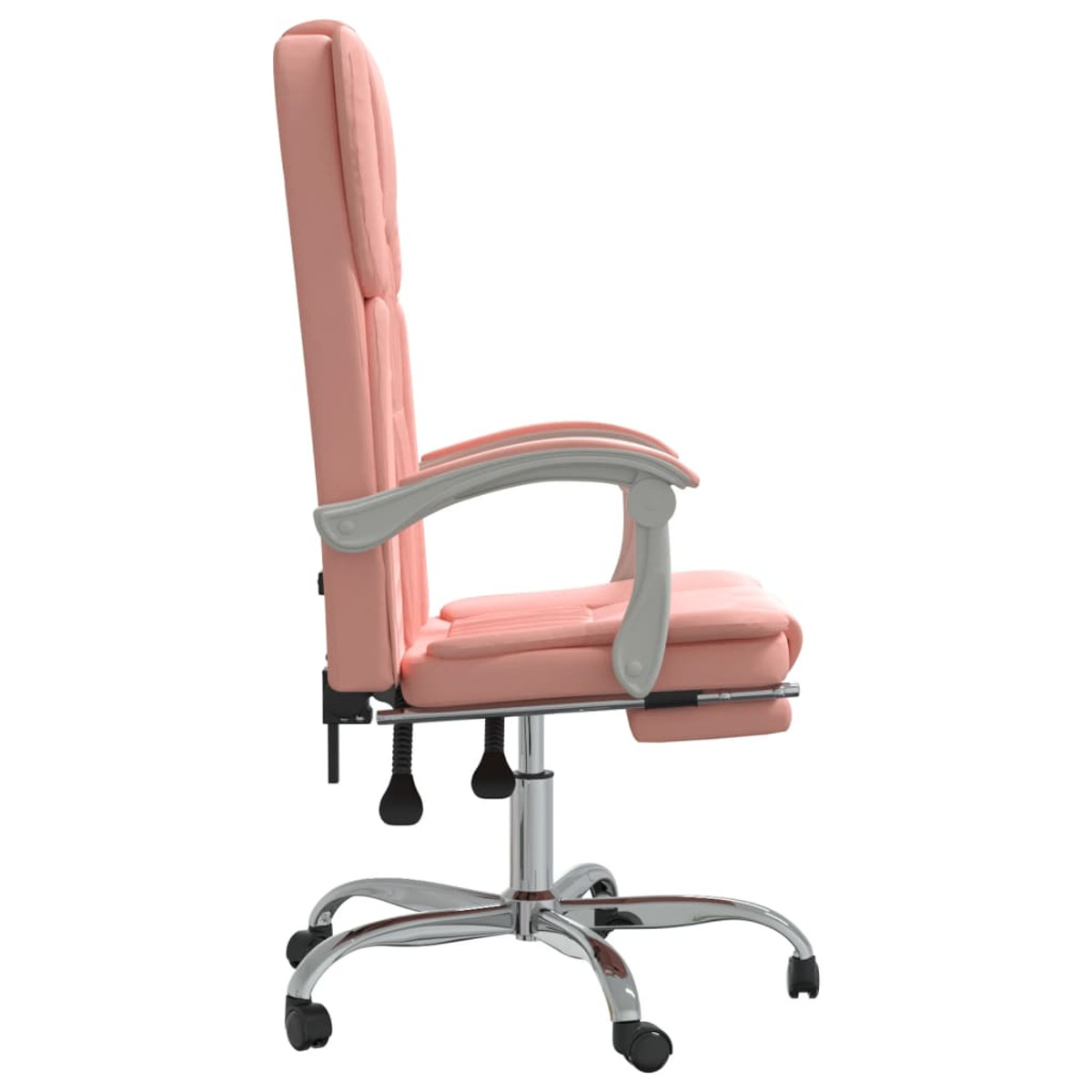 Seitenansicht eines rosa Bürostuhls mit silbernen Armlehnen und Beinen, auf weißem Grund.