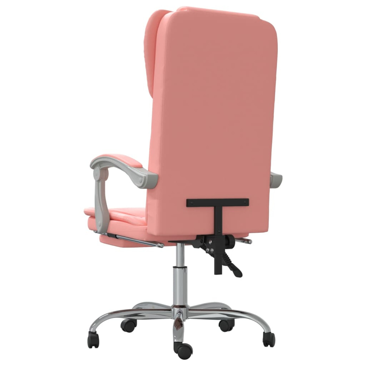 Ein rosa Bürostuhl von hinten. Er hat eine hohe Rückenlehne und ein silbernes Gestell.