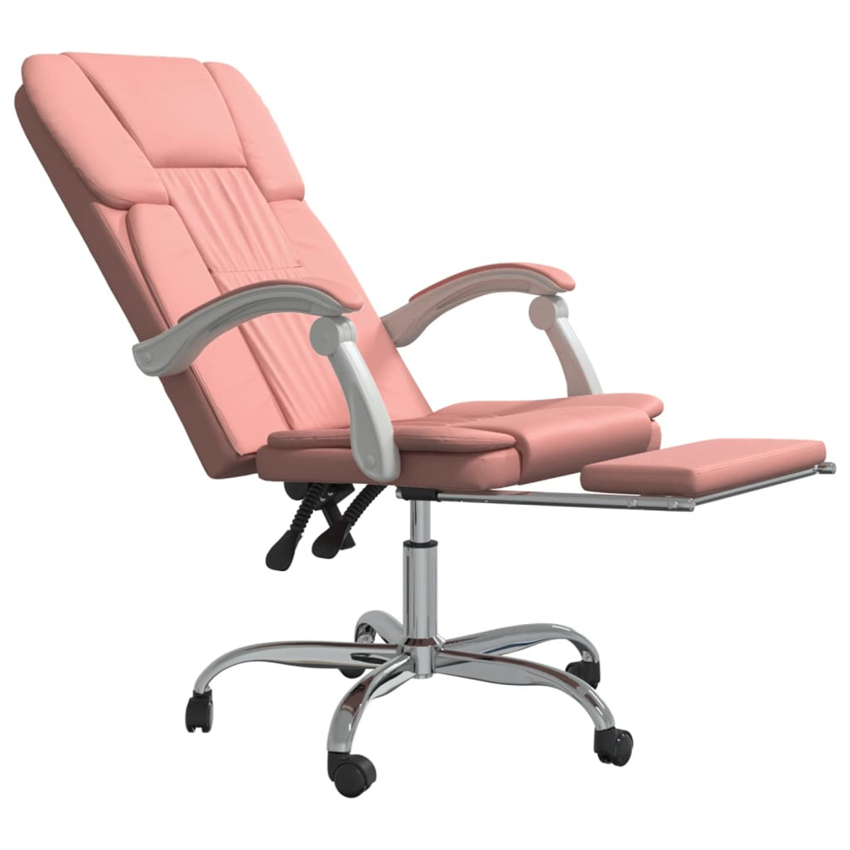 Pinker Bürostuhl, zurückgelehnt, mit Fußstütze. Chrombasis und Arme. Weißer Hintergrund.
