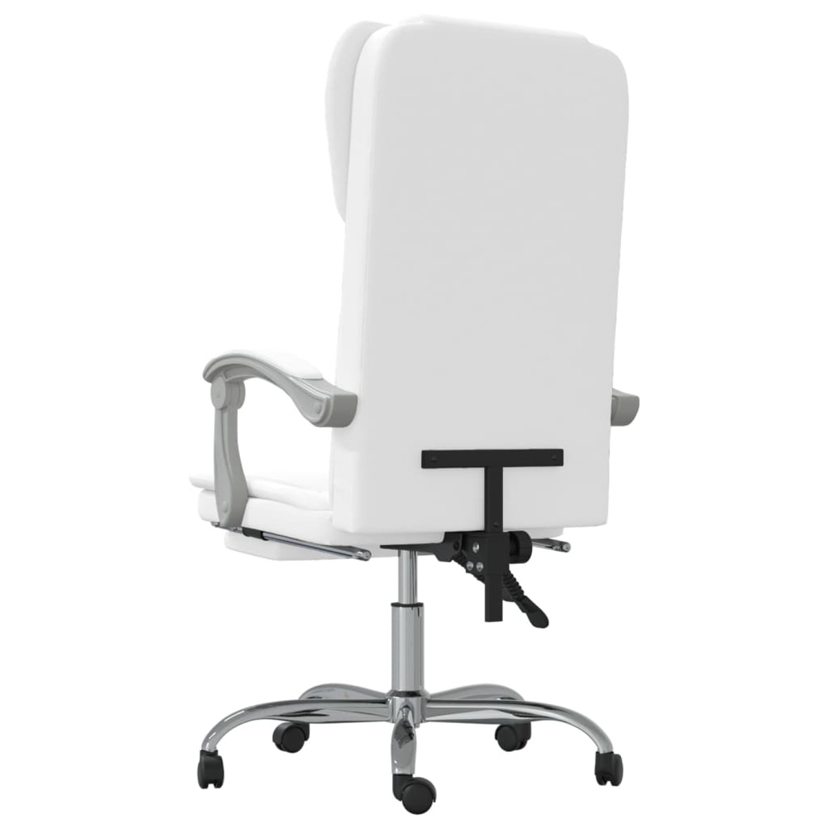 Weißer Bürostuhl von hinten. Er hat eine hohe Rückenlehne, Armlehnen und ein Chromgestell mit Rollen.