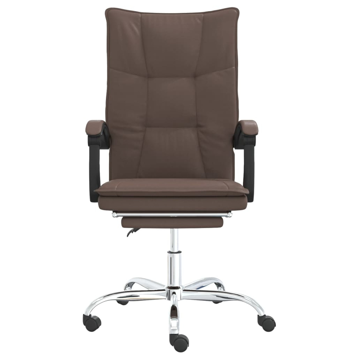 Brauner Leder-Bürostuhl mit schwarzen Armlehnen.