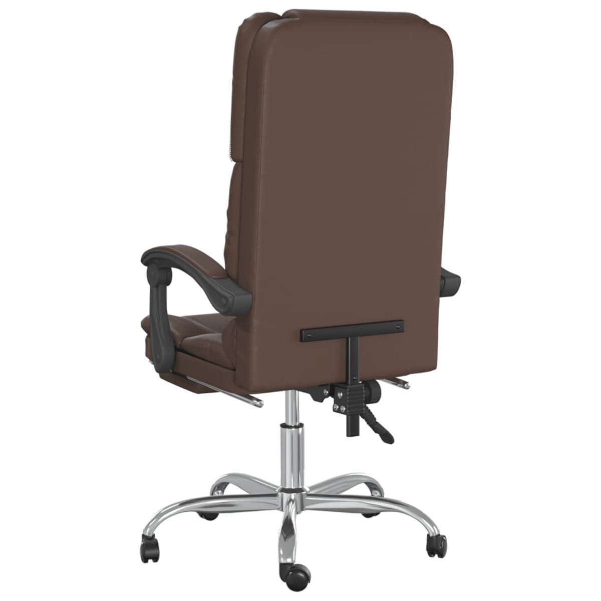 Rückansicht eines braunen Leder-Bürostuhls mit Chromfuß und schwarzen Armlehnen.