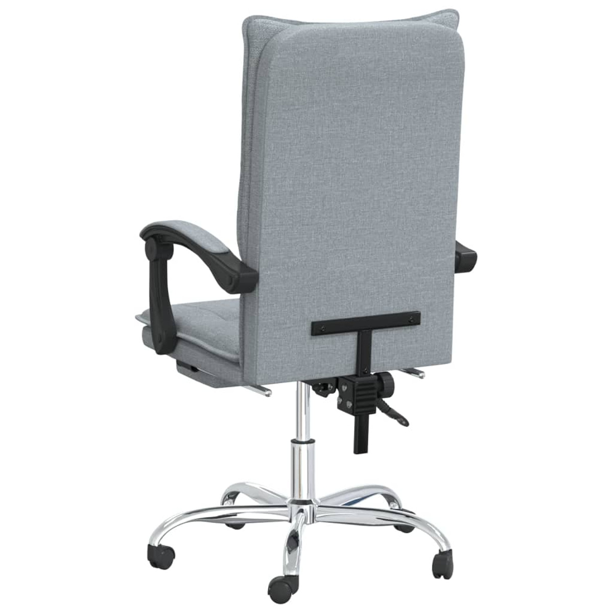 Rückansicht eines grauen Bürostuhls. Hohe Rückenlehne, Armlehnen und Chromgestell.