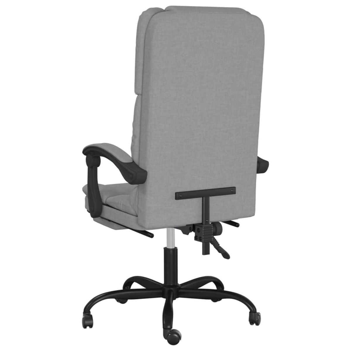 Grauer Bürostuhl von hinten. Mit Armlehnen und schwarzem Gestell mit Rädern.