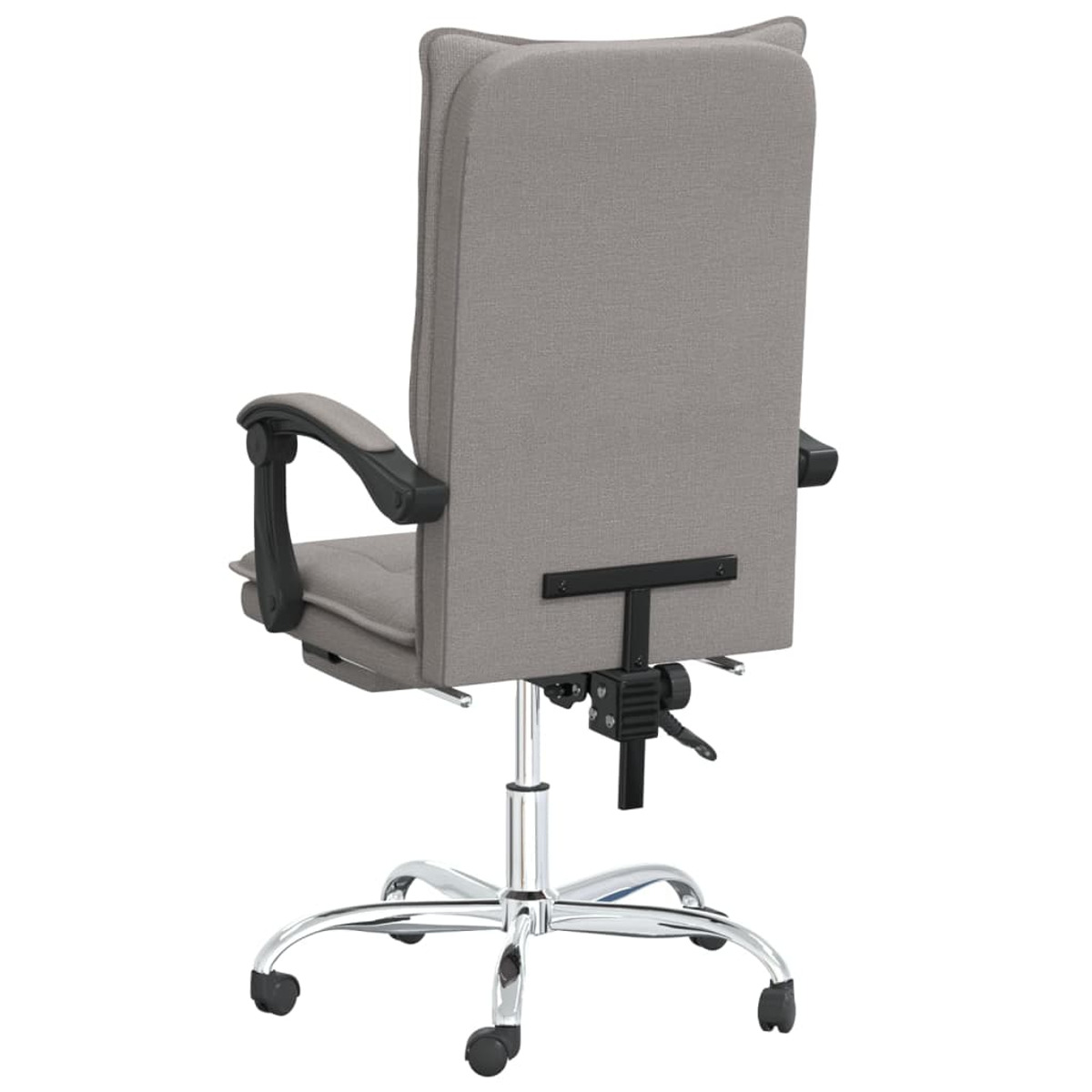 Grauer Bürostuhl von hinten, mit hohem Rücken, Armlehnen und Chrombasis.