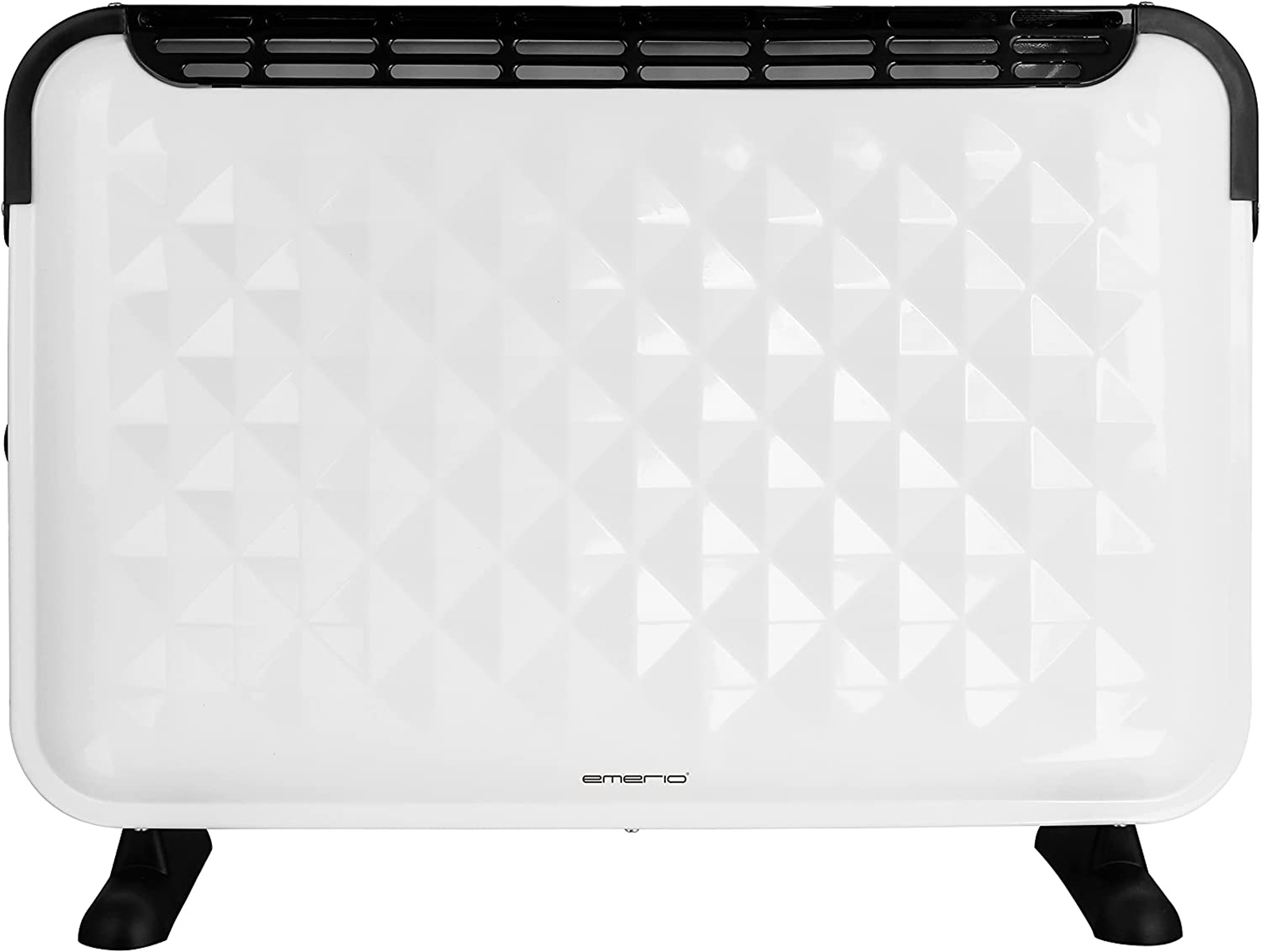 White electric heater with a geometric design. Black accents on top and bottom. Black feet are visible.