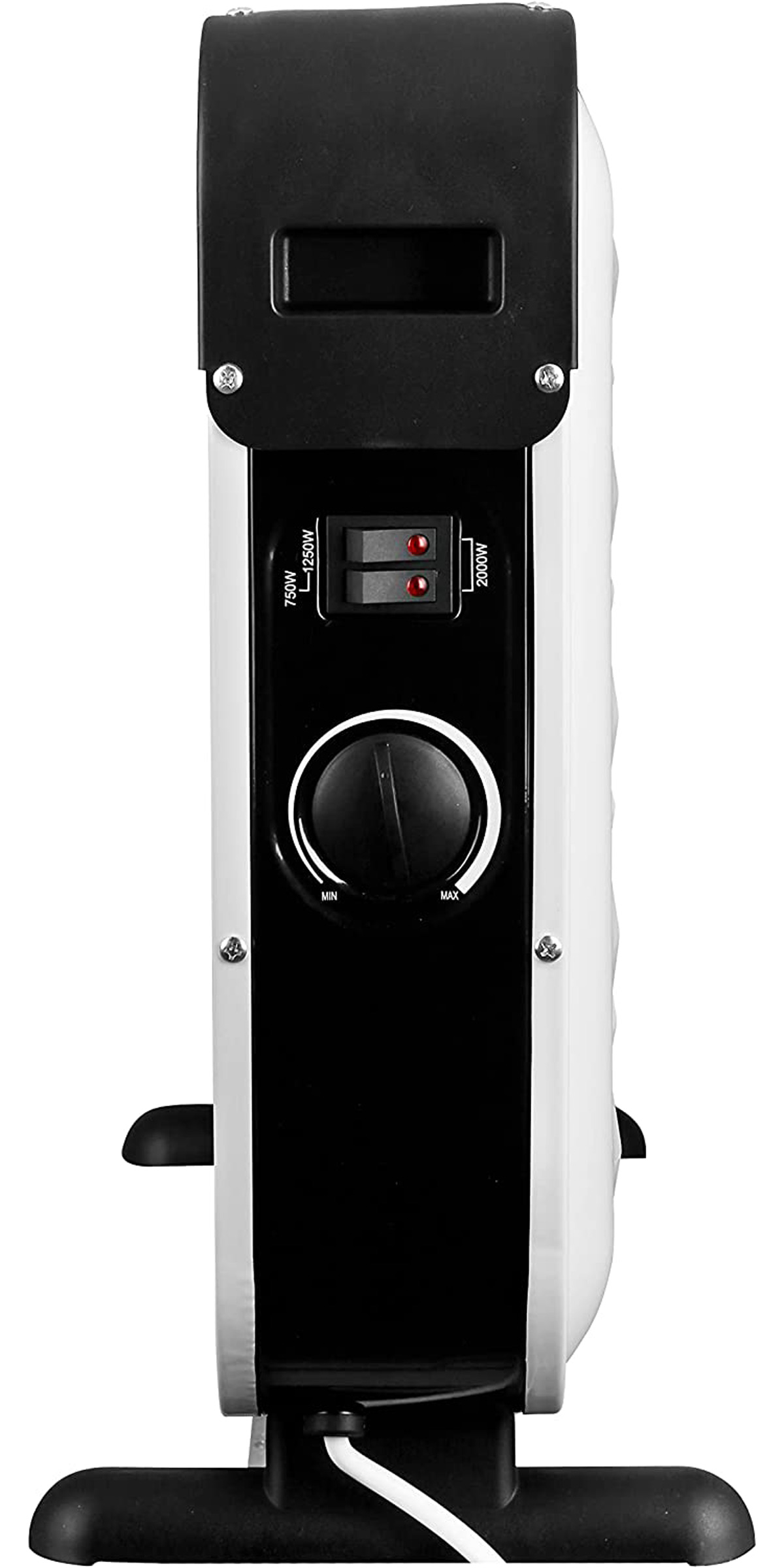 White and black electric heater, side view. Controls on front. Black base. White background.