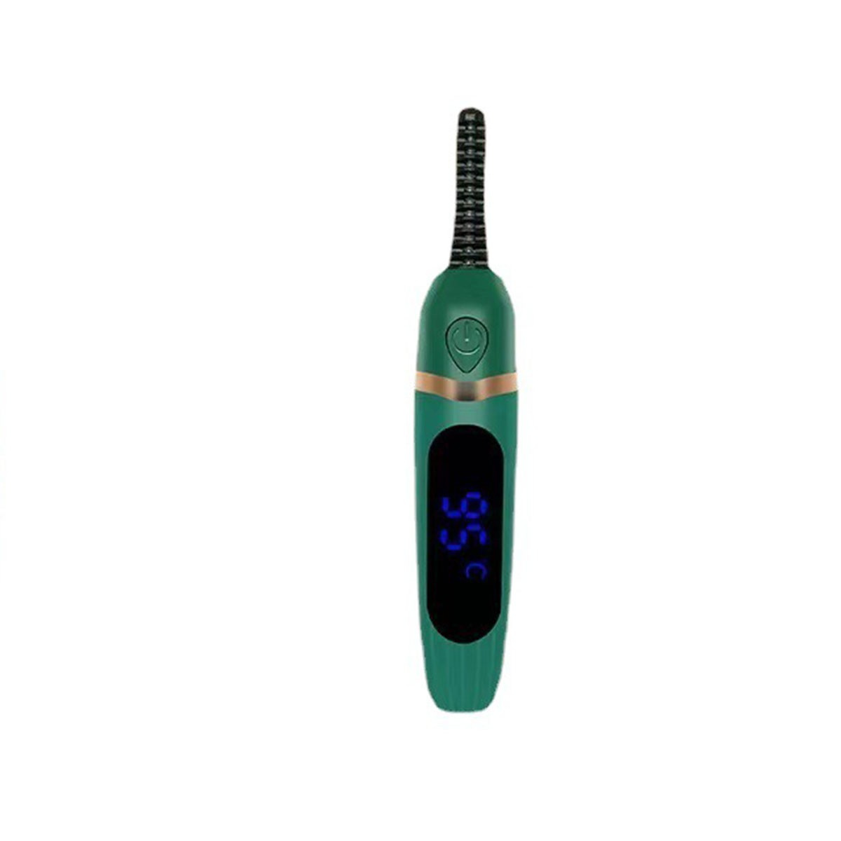 Grüner Wimpernformer mit digitaler Anzeige, die 65°C anzeigt. Er hat ein schwarzes Heizelement.