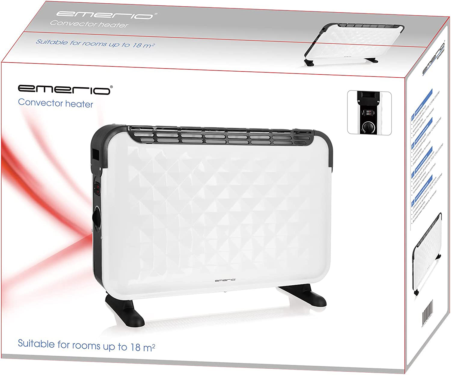 White convector heater in its box, with the brand name 'emerio'.