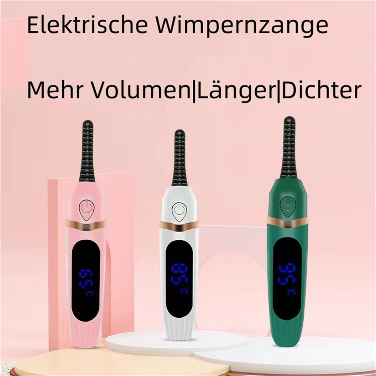 Drei Wimpernzangen, rosa, weiß und grün, mit Digitalanzeigen, Text auf Deutsch.