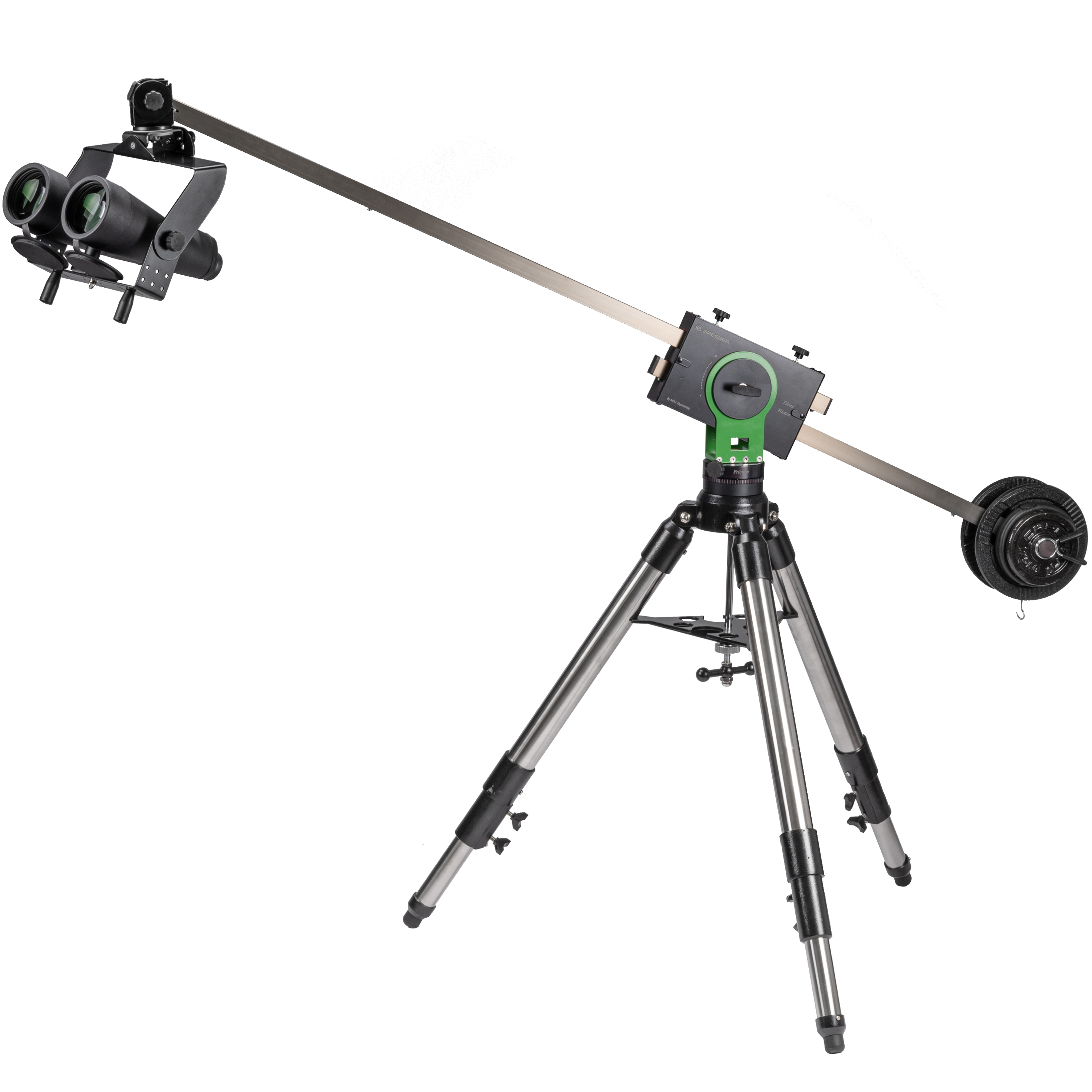 Ein Kamera-Setup auf einem Stativ. Es hat ein Fernglas und einen langen Arm mit Gegengewicht.