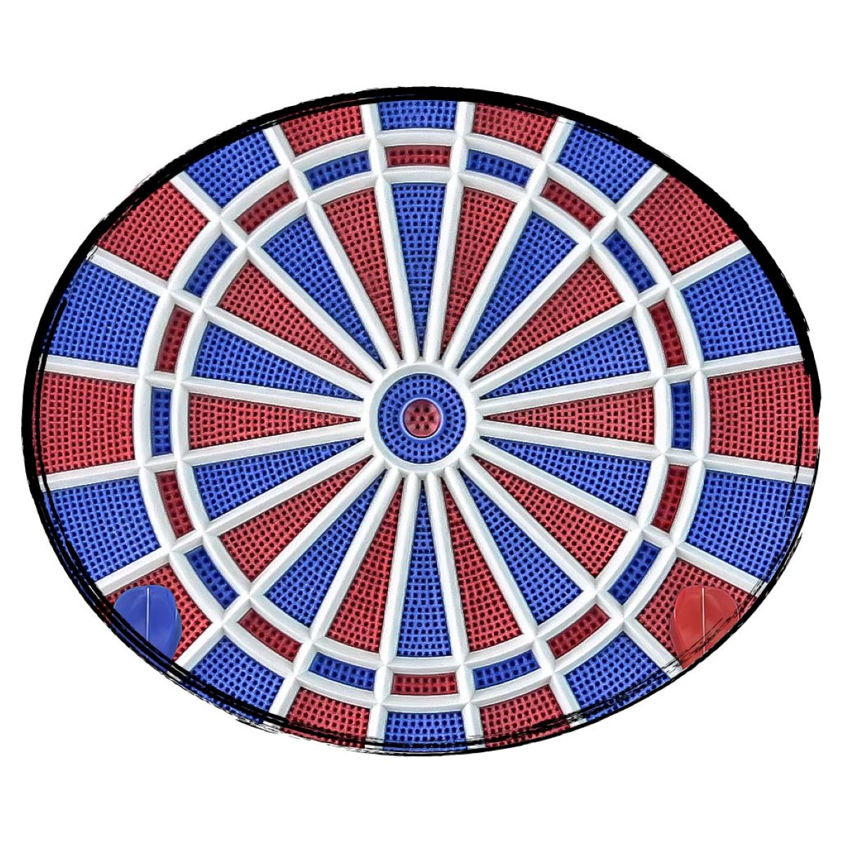 Un bersaglio per freccette con sezioni rosse, blu e bianche, con due freccette.