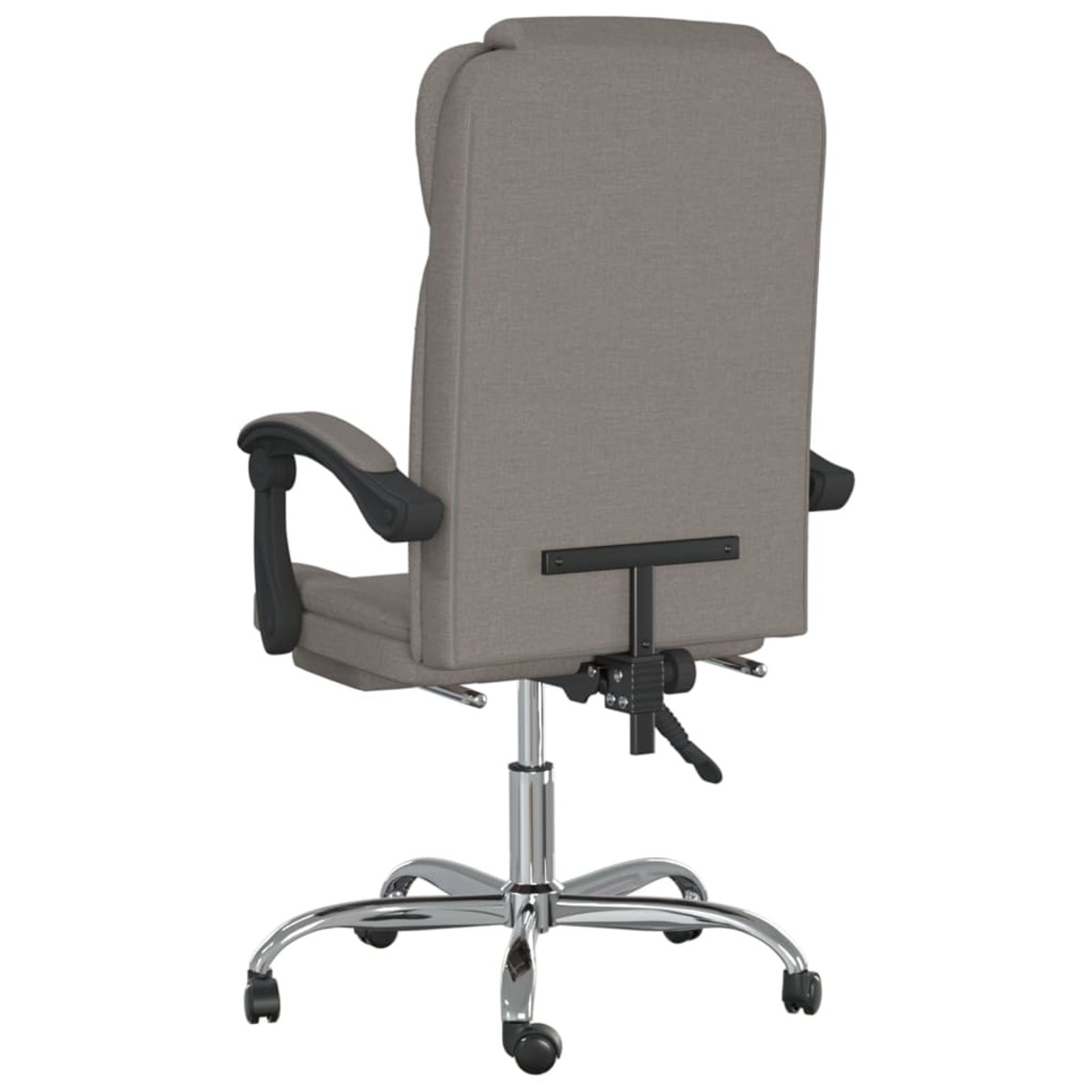 Bürostuhl von hinten, grauer Stoff, Chromfuß, weißer Hintergrund.