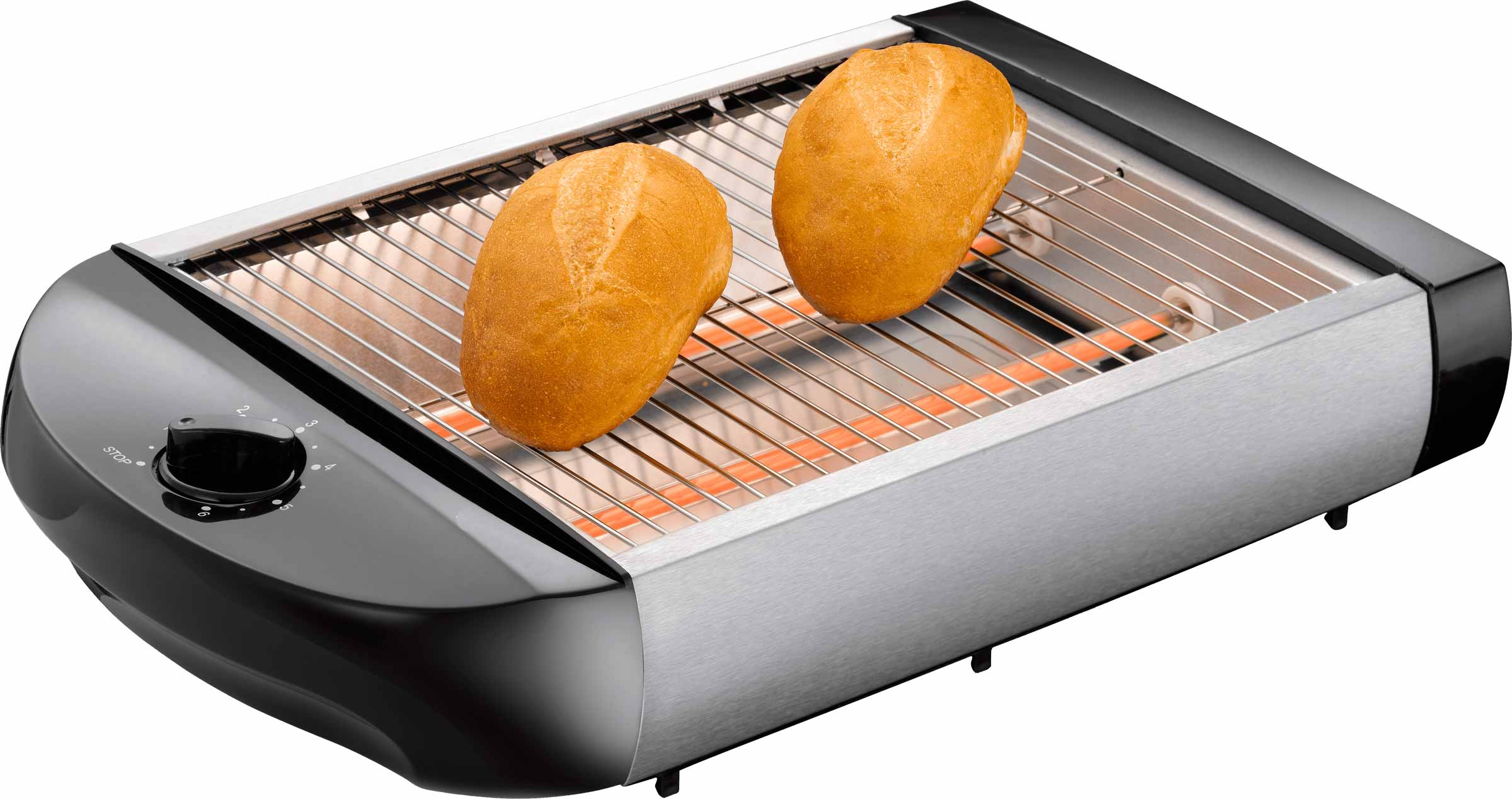 Ein Toaster mit zwei Brötchen darin, auf einer silbernen Oberfläche.