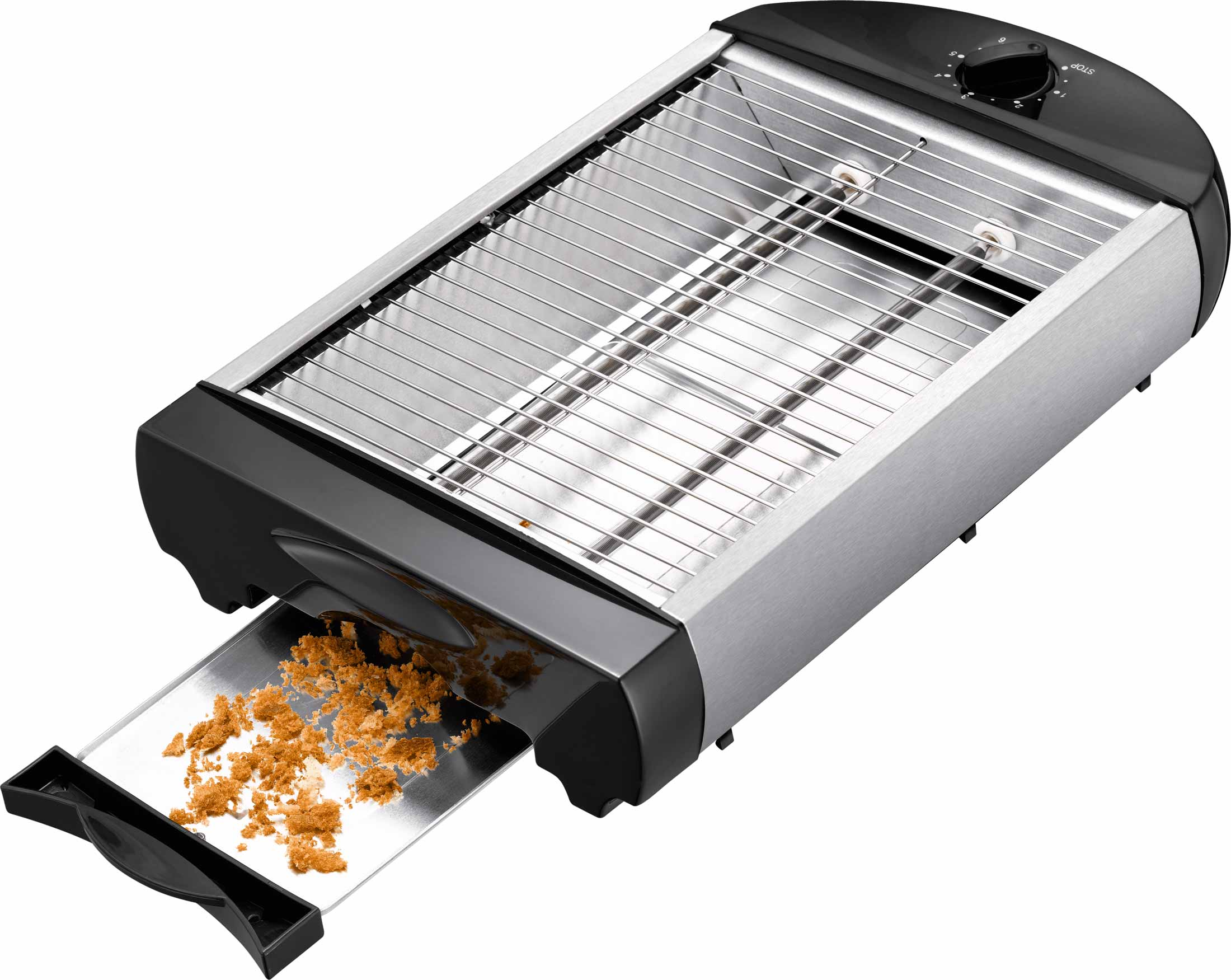 Silberner und schwarzer Toaster. Brotkrumen sind im Fach. Oben Heizdrähte und ein Bedienknopf.