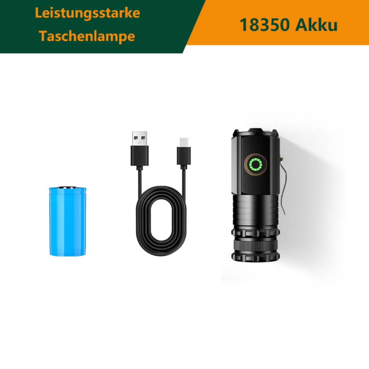 Taschenlampe, blaue Batterie und Ladekabel auf Weiß, mit Text.