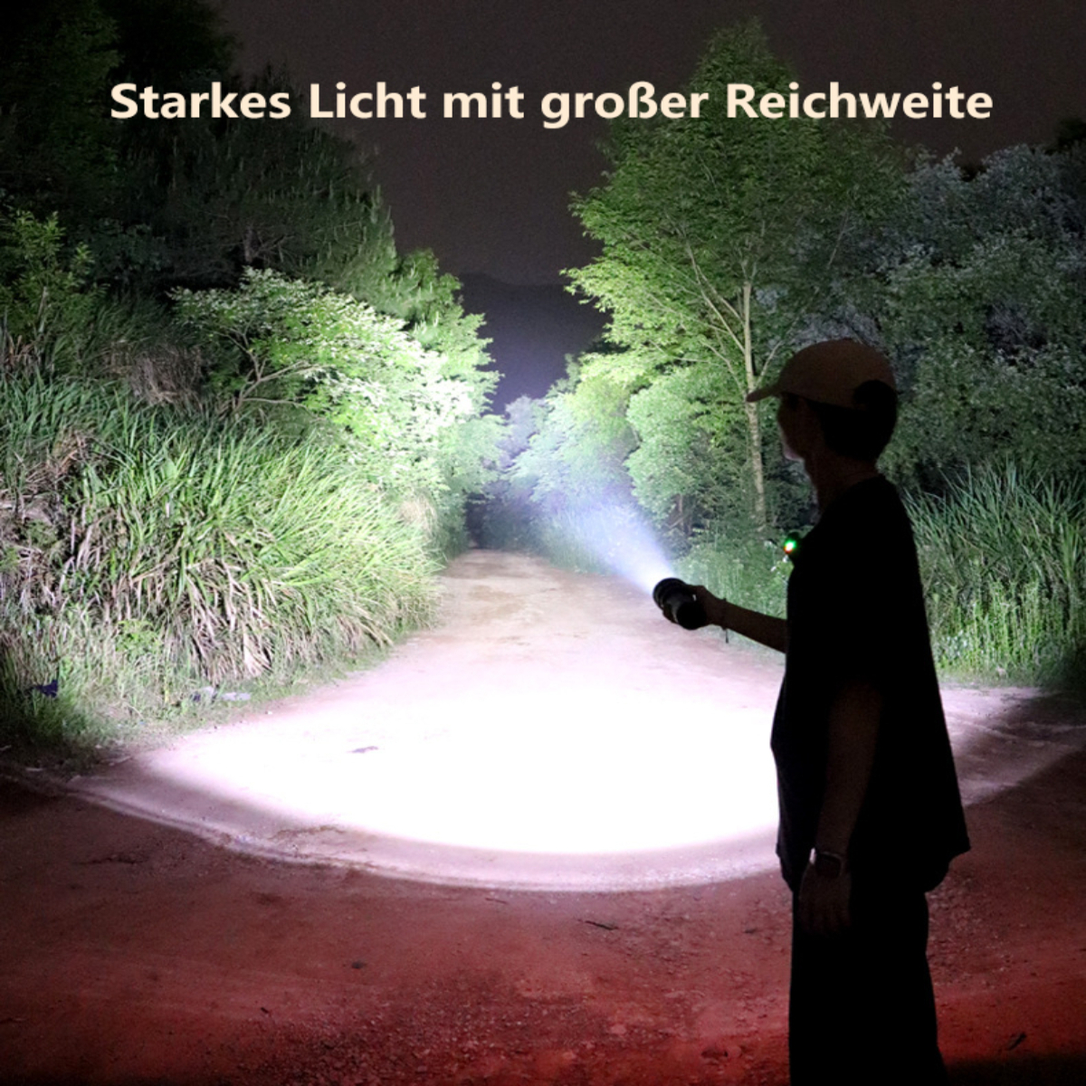 Eine Person benutzt eine Taschenlampe auf einem Feldweg, das Licht beleuchtet den Weg nach vorn.