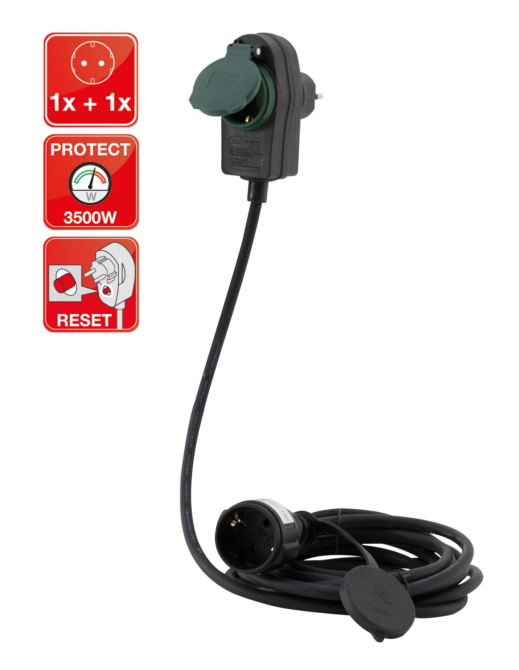 Eine schwarze Steckdose mit langem Kabel und drei roten Symbolen. Es ist auf weißem Grund.
