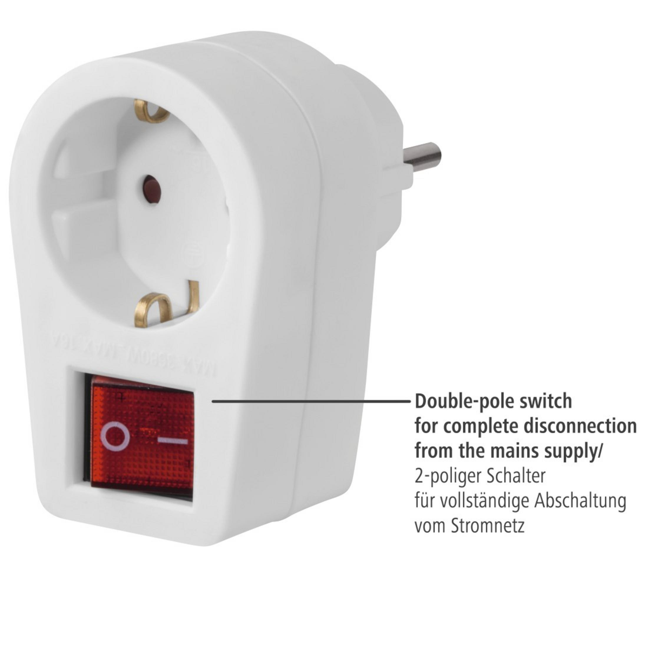 Ein weißer Stromadapter mit rotem Schalter. Er hat einen Stecker und eine Steckdose.