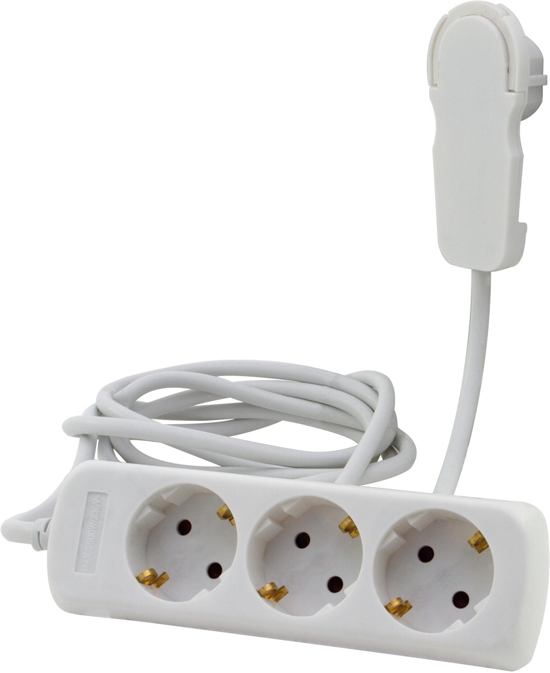 Weiße Steckdosenleiste mit drei Steckdosen und weißem Kabel mit Stecker.