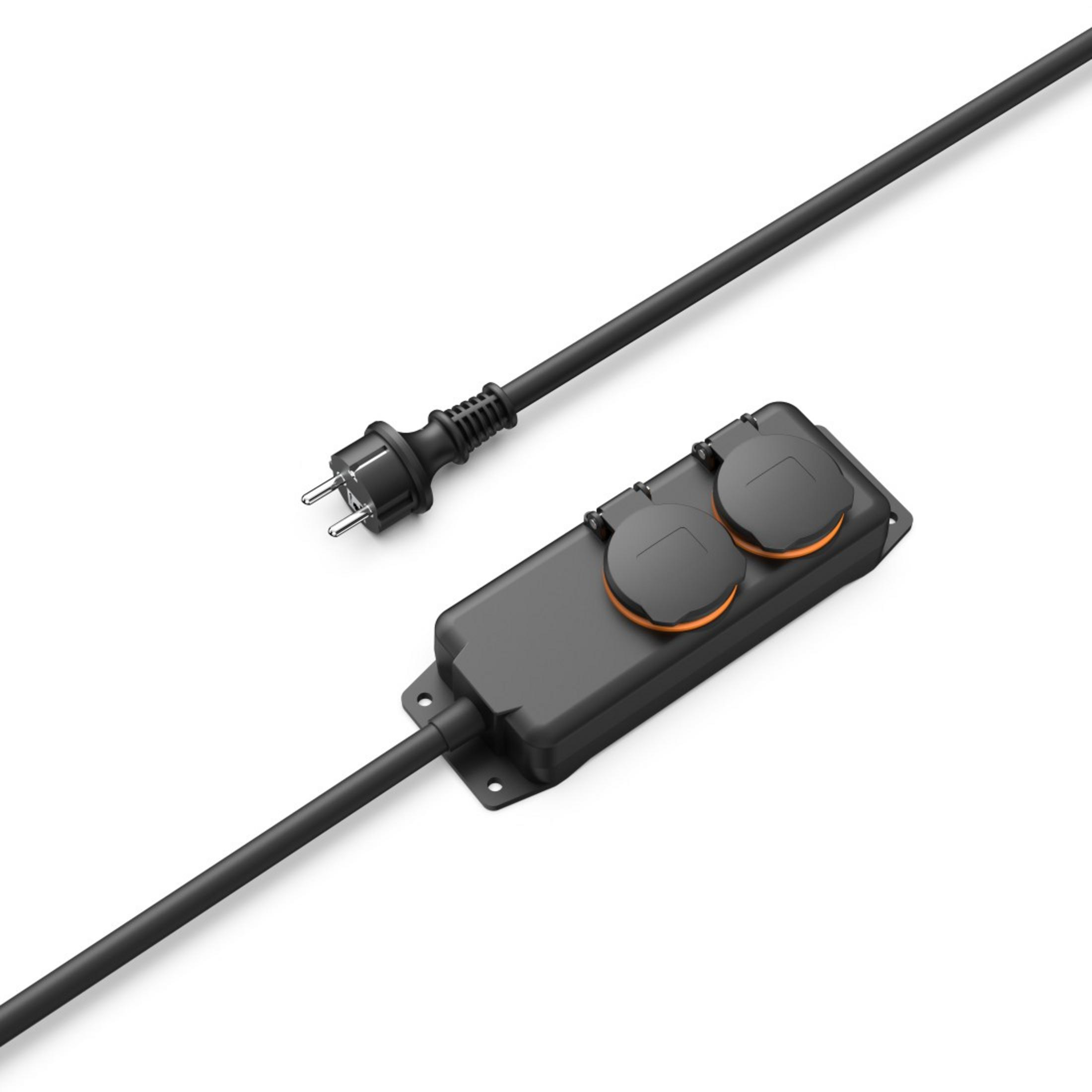 Czarna listwa zasilająca z dwoma gniazdami i wtyczką, na białym tle.