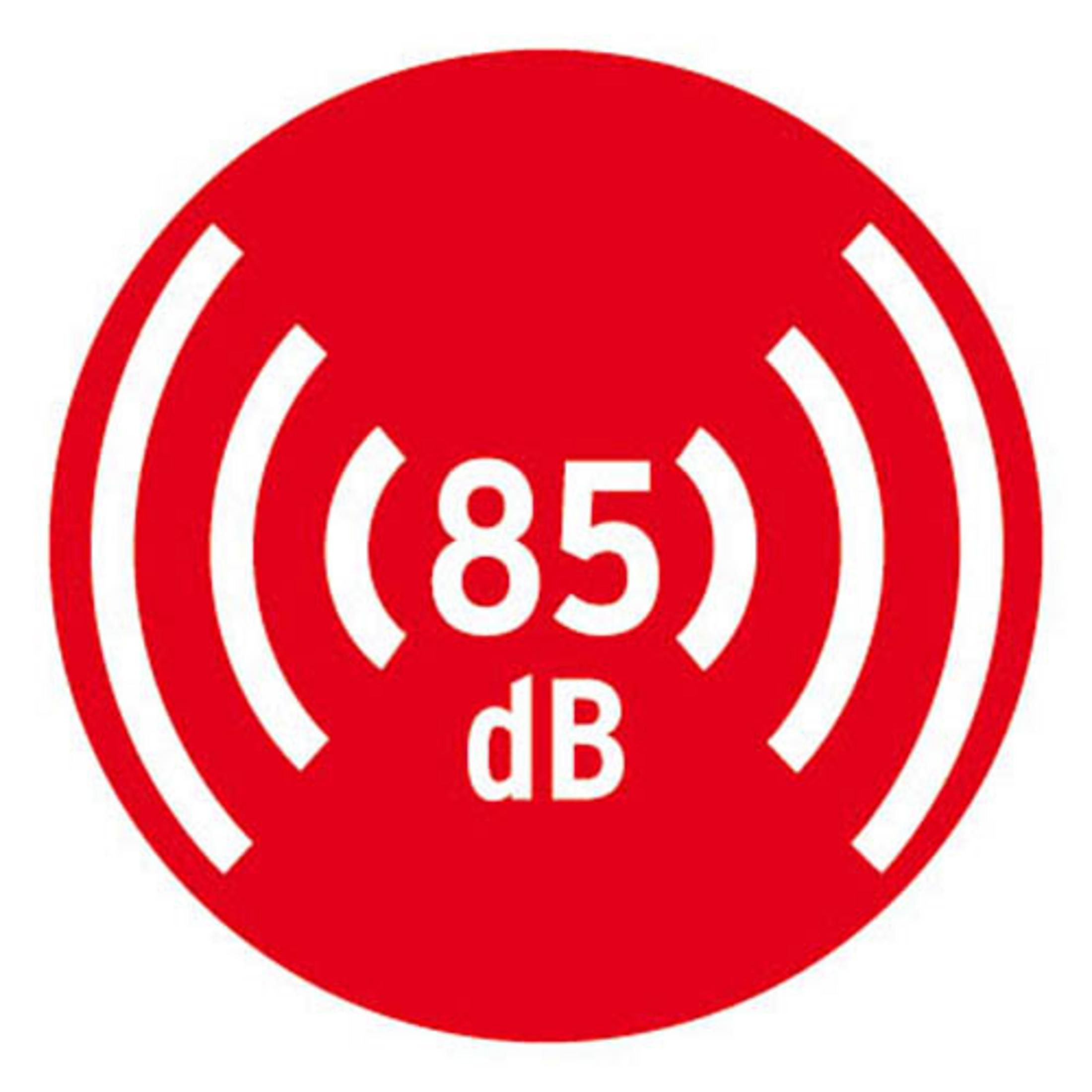 Roter Kreis mit (85) dB-Text, der den Geräuschpegel angibt. Weißer Hintergrund.