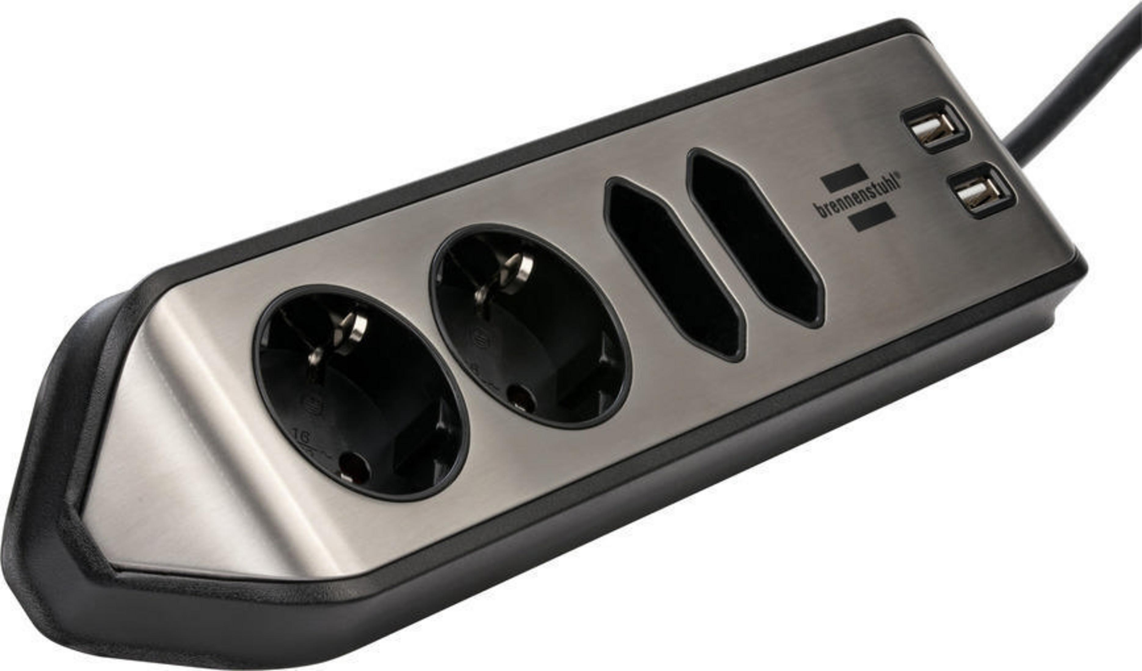 Silberfarbene Steckdosenleiste mit 3 Steckdosen, 2 USB-Anschlüssen und einem schwarzen Kabel.