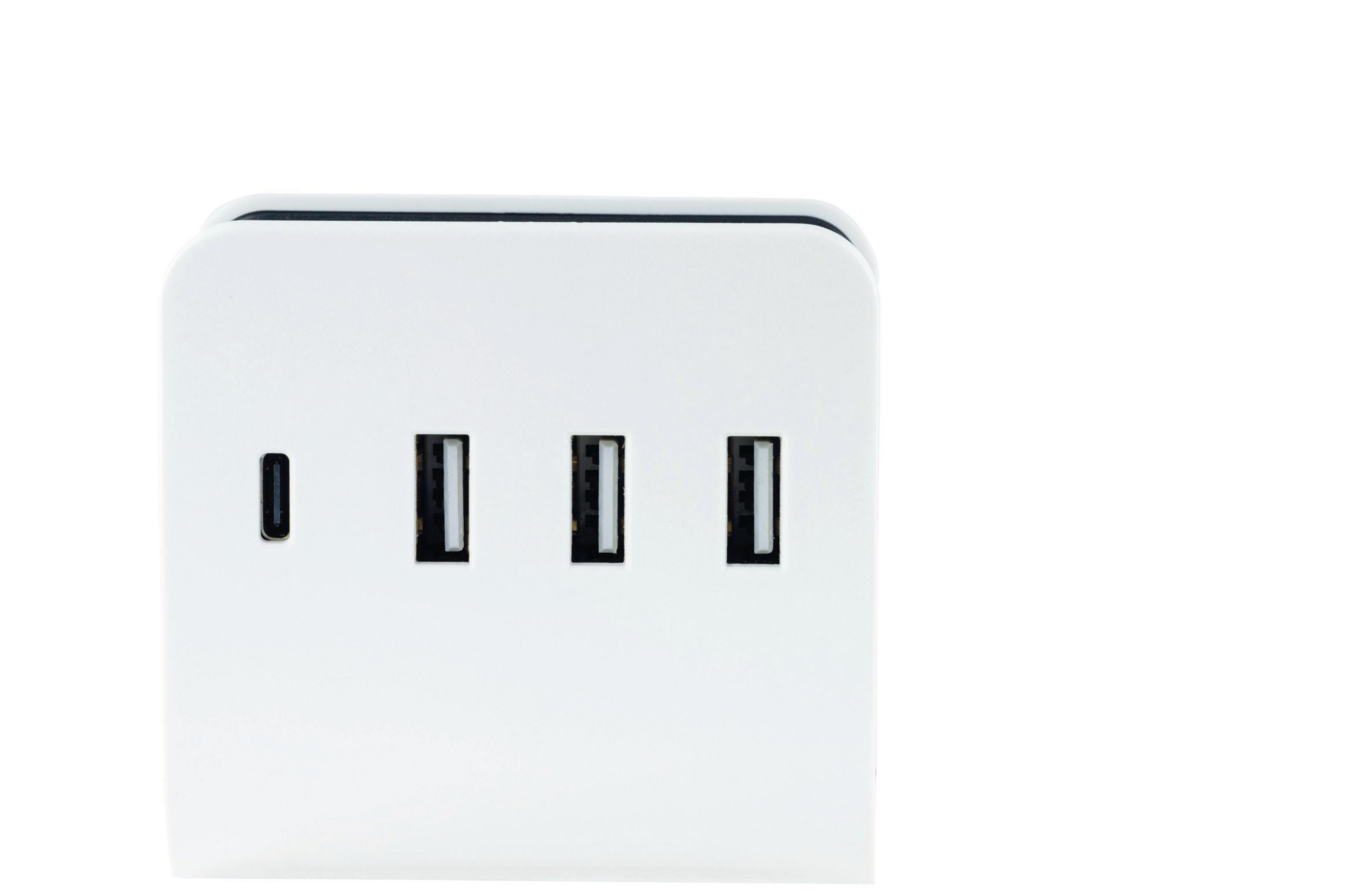 Weißer USB-Netzadapter mit drei USB-Anschlüssen, einem kleinen Licht, auf weißem Hintergrund.