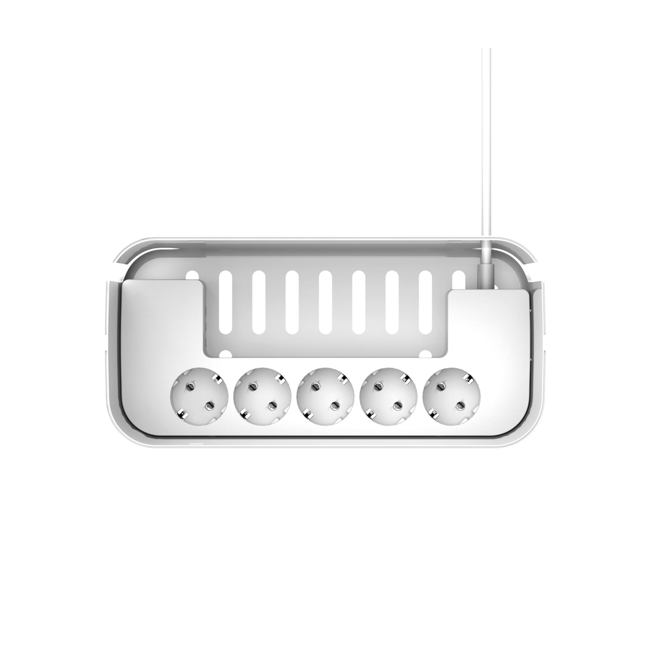 Biała listwa zasilająca z 5 gniazdami i białym kablem. Widok z góry.